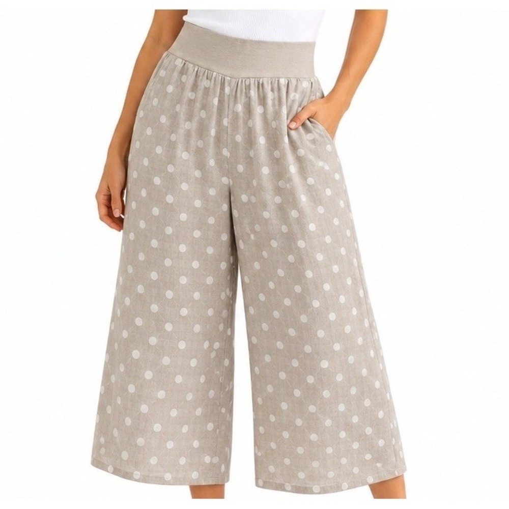 Italian Linen Palazzo Pants Wide Leg Cropped Elastic Waist Flowy S/M Comfort